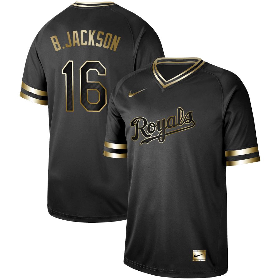 Men Kansas City Royals 16 B.Jackson Nike Black Gold MLB Jerseys